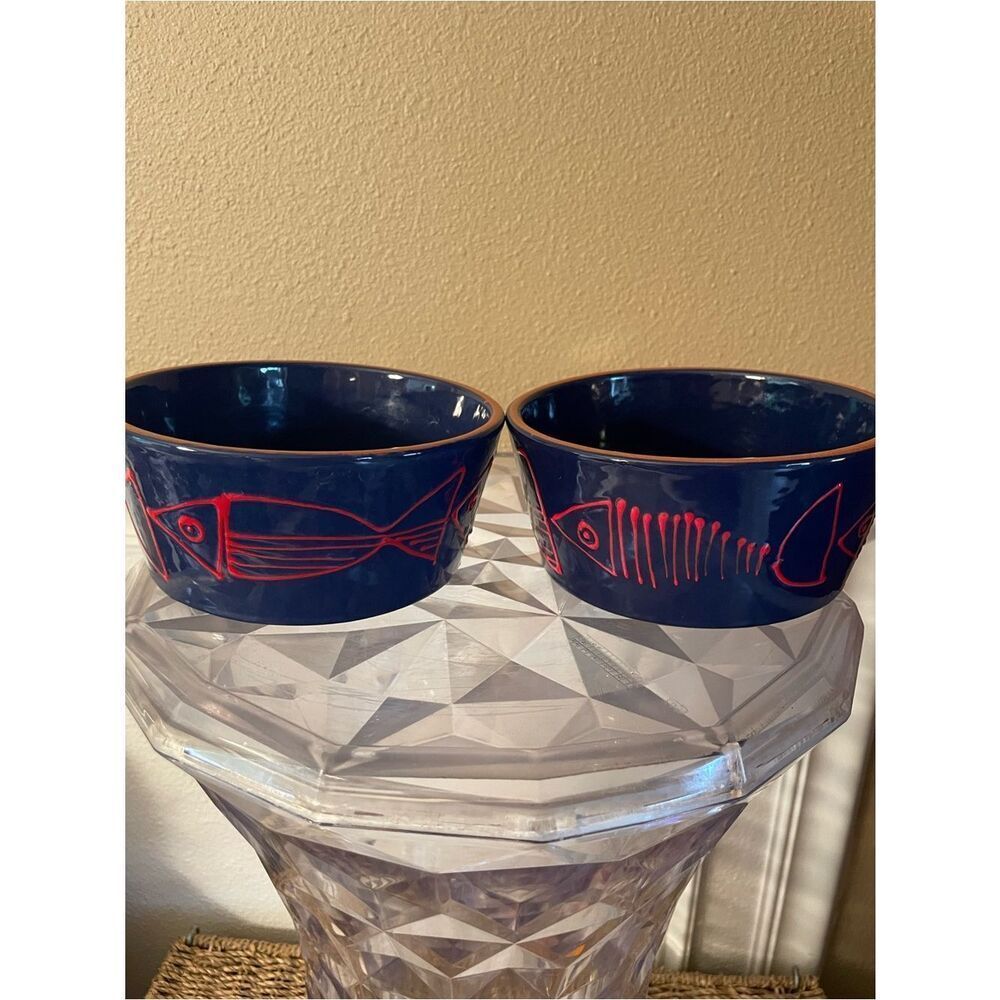 Crate & Barrel Shore Dark Navy Red Fish Bowls lot of 2